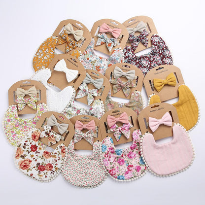Linen Cotton Printed Baby Towel Bib Headband Set