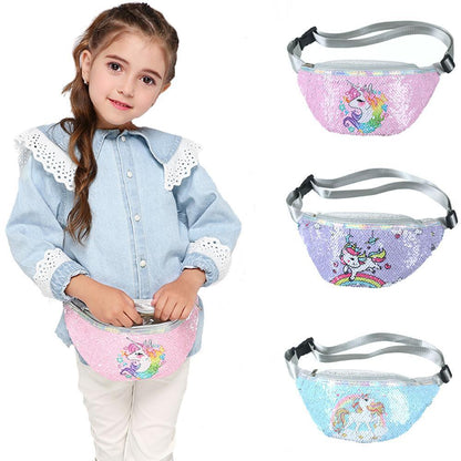 Kids Shoulder Bag Unicorn Printed Sequined Waist Bag