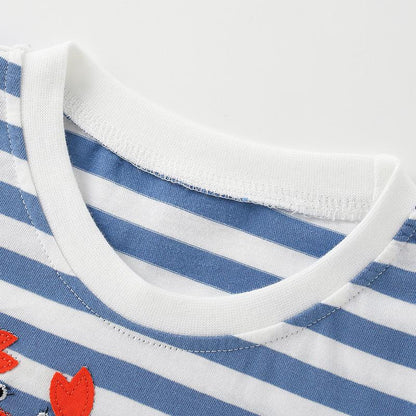 Boys cartoon cotton short sleeve round neck stripe T-shirt