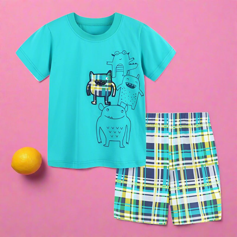 Cartoon round neck children's suit knitted cotton two-piece set