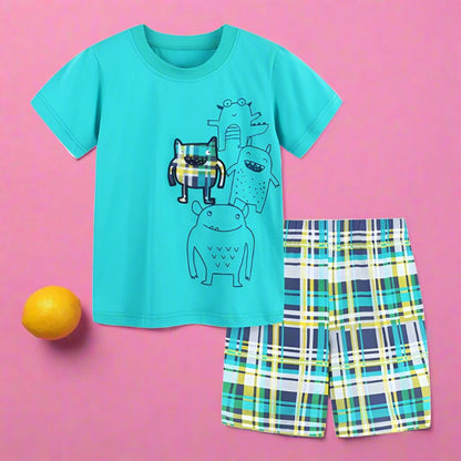 Cartoon round neck children's suit knitted cotton two-piece set