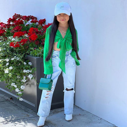 Bow Lace-up Solid Color Short Long Sleeve Top