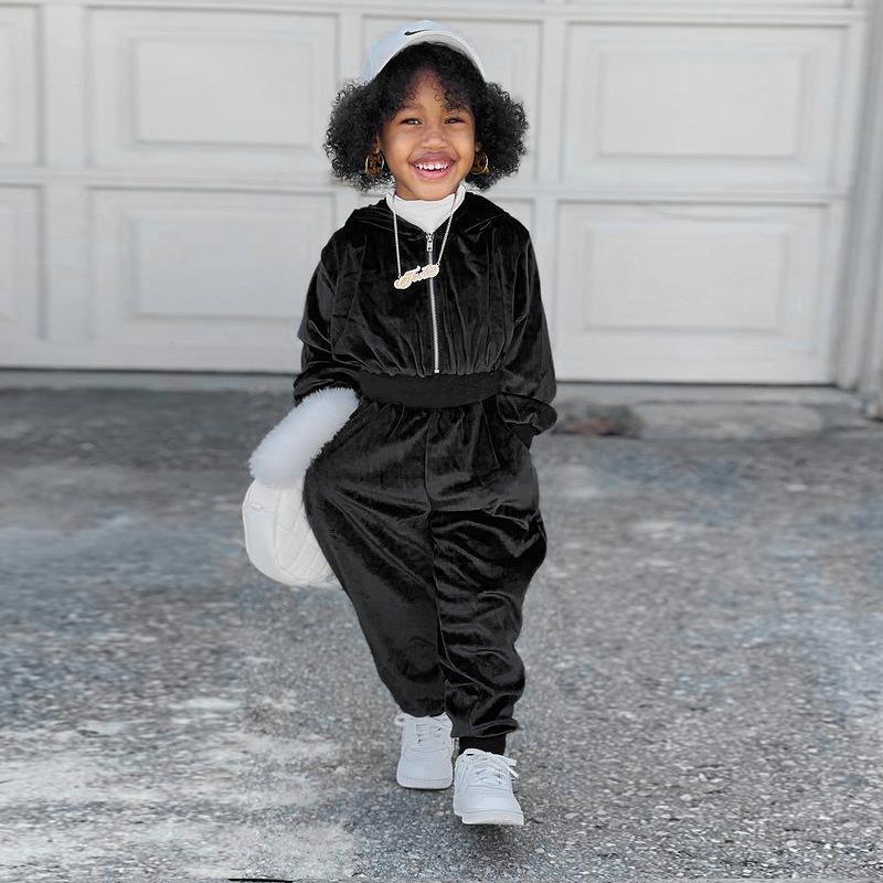 Girl's Gold Velvet Long Sleeve Jacket Jacket Two-Piece Set