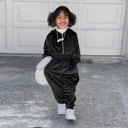 Girl's Gold Velvet Long Sleeve Jacket Jacket Two-Piece Set