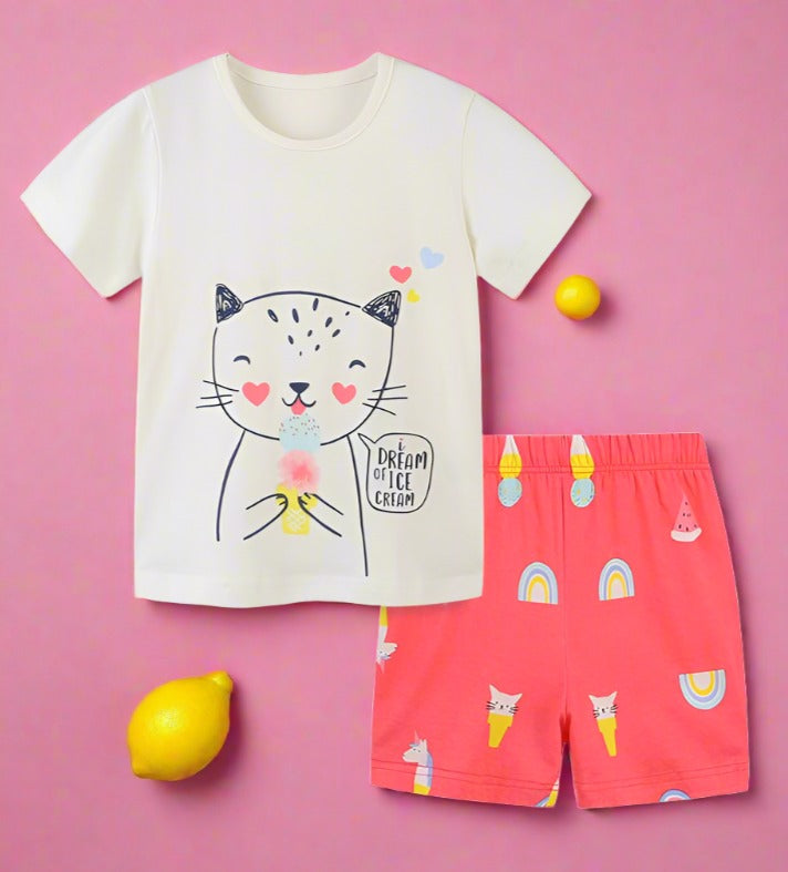 Children's knitted cotton girls' short sleeved T-shirt set