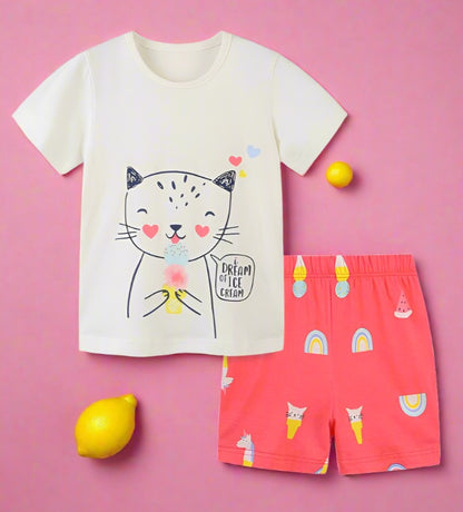 Children's knitted cotton girls' short sleeved T-shirt set