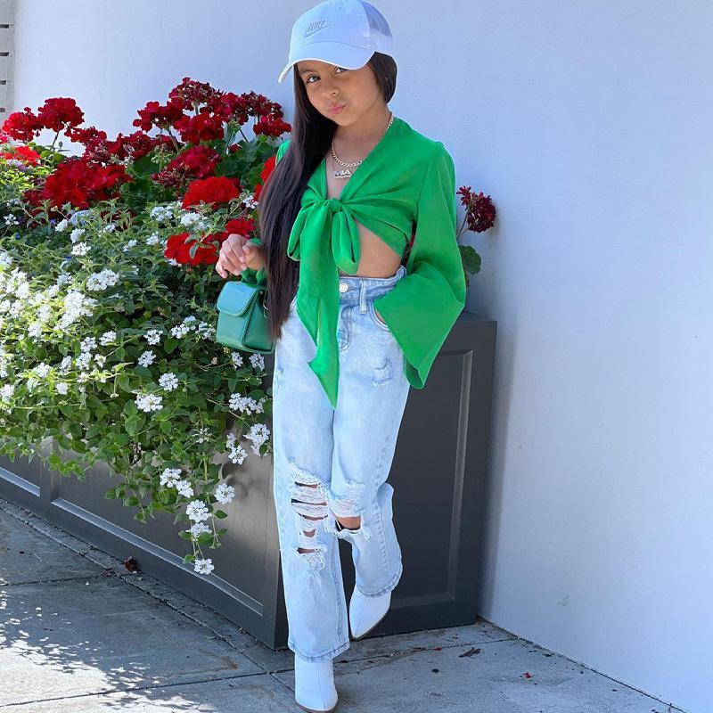 Bow Lace-up Solid Color Short Long Sleeve Top