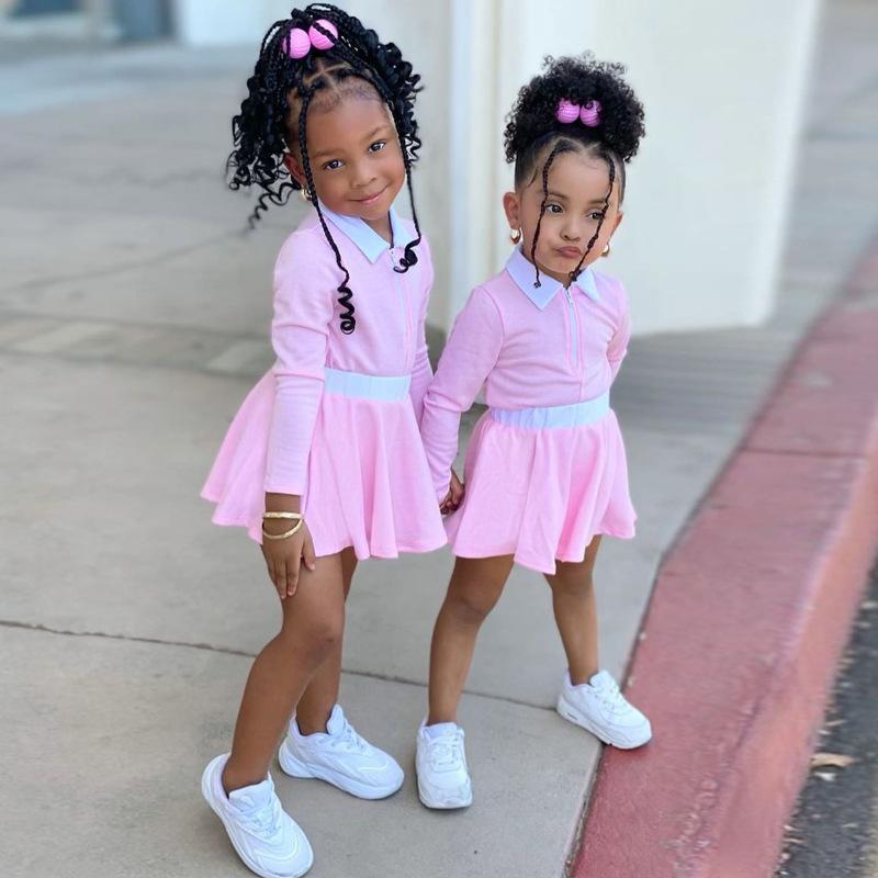 Girls' Casual Solid Color Long Sleeve Skirt Suit