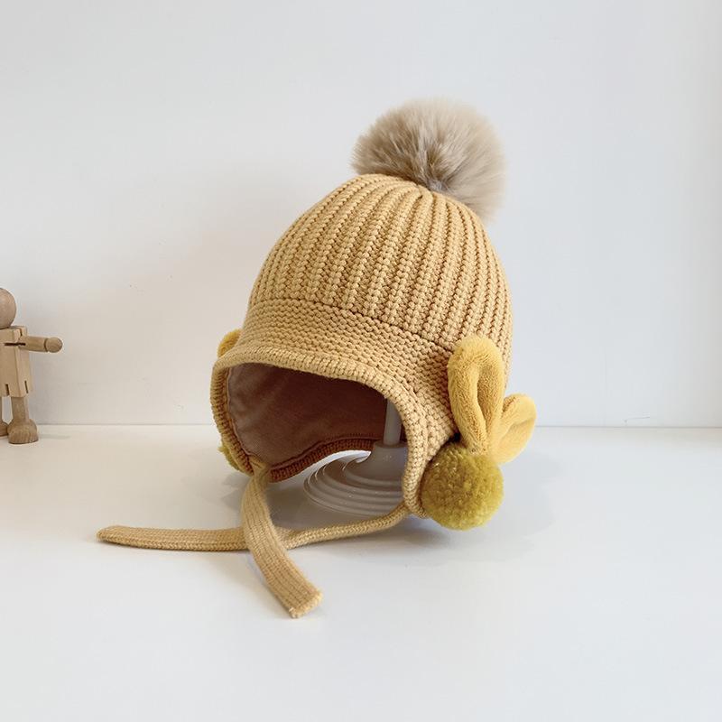 Solid Color Fuzz Ball Baby's Elastic Ear Protection Knit Hat