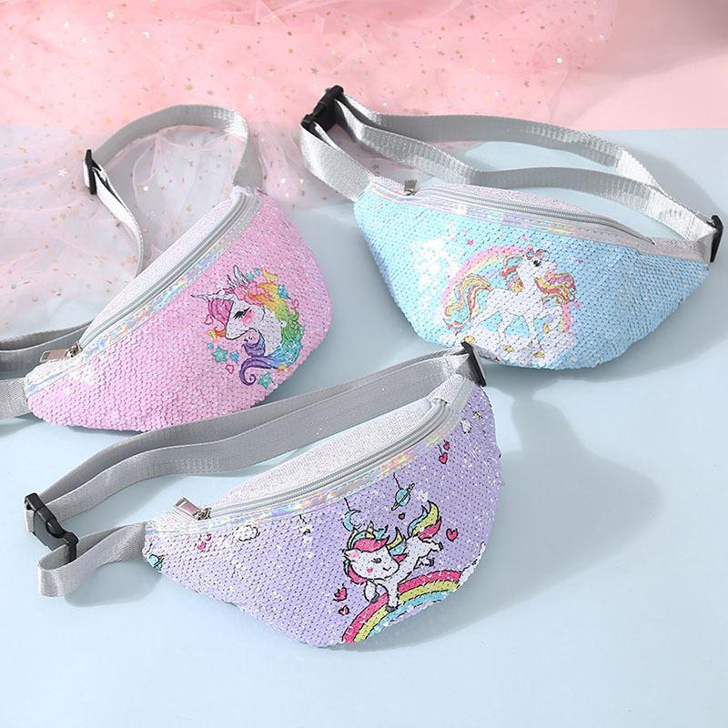 Kids Shoulder Bag Unicorn Printed Sequined Waist Bag