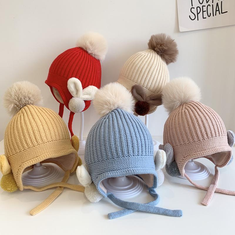 Solid Color Fuzz Ball Baby's Elastic Ear Protection Knit Hat