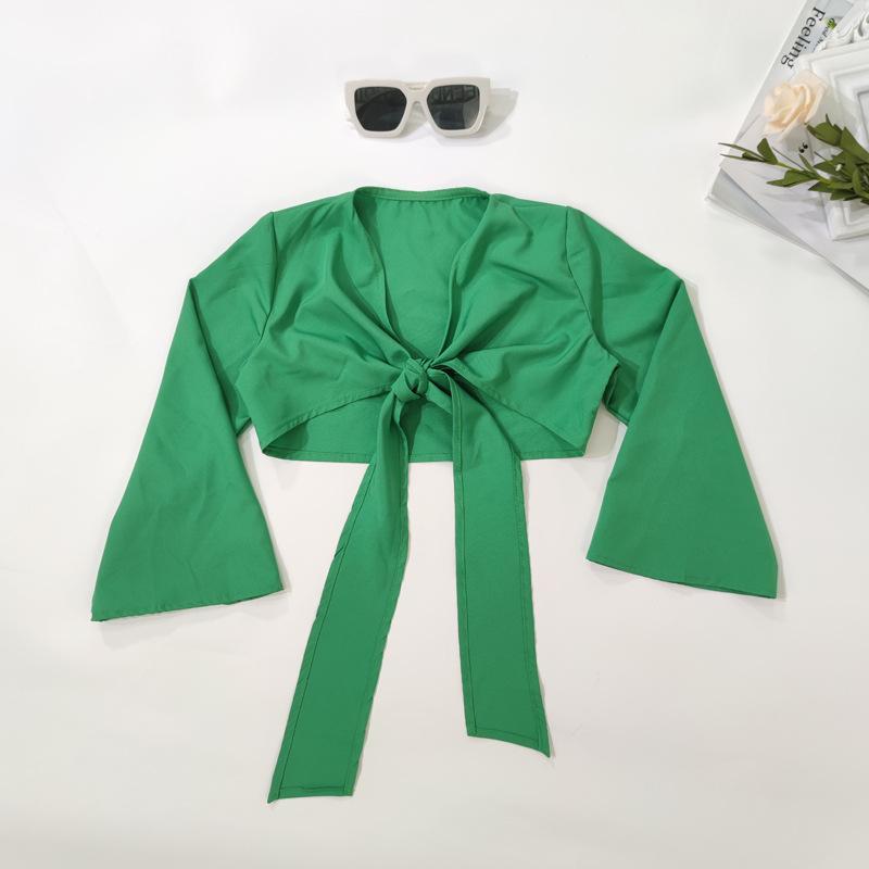 Bow Lace-up Solid Color Short Long Sleeve Top