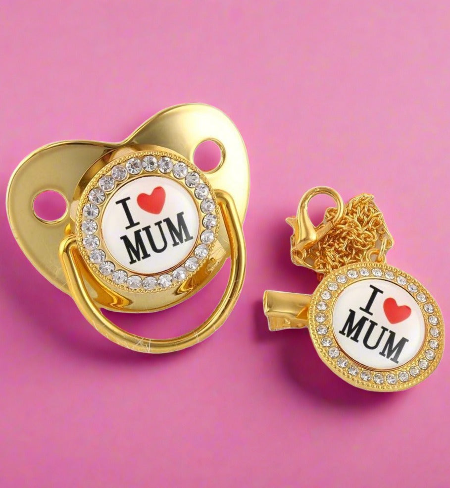 "I Love Mum" Baby Pacifier with Chain Clip