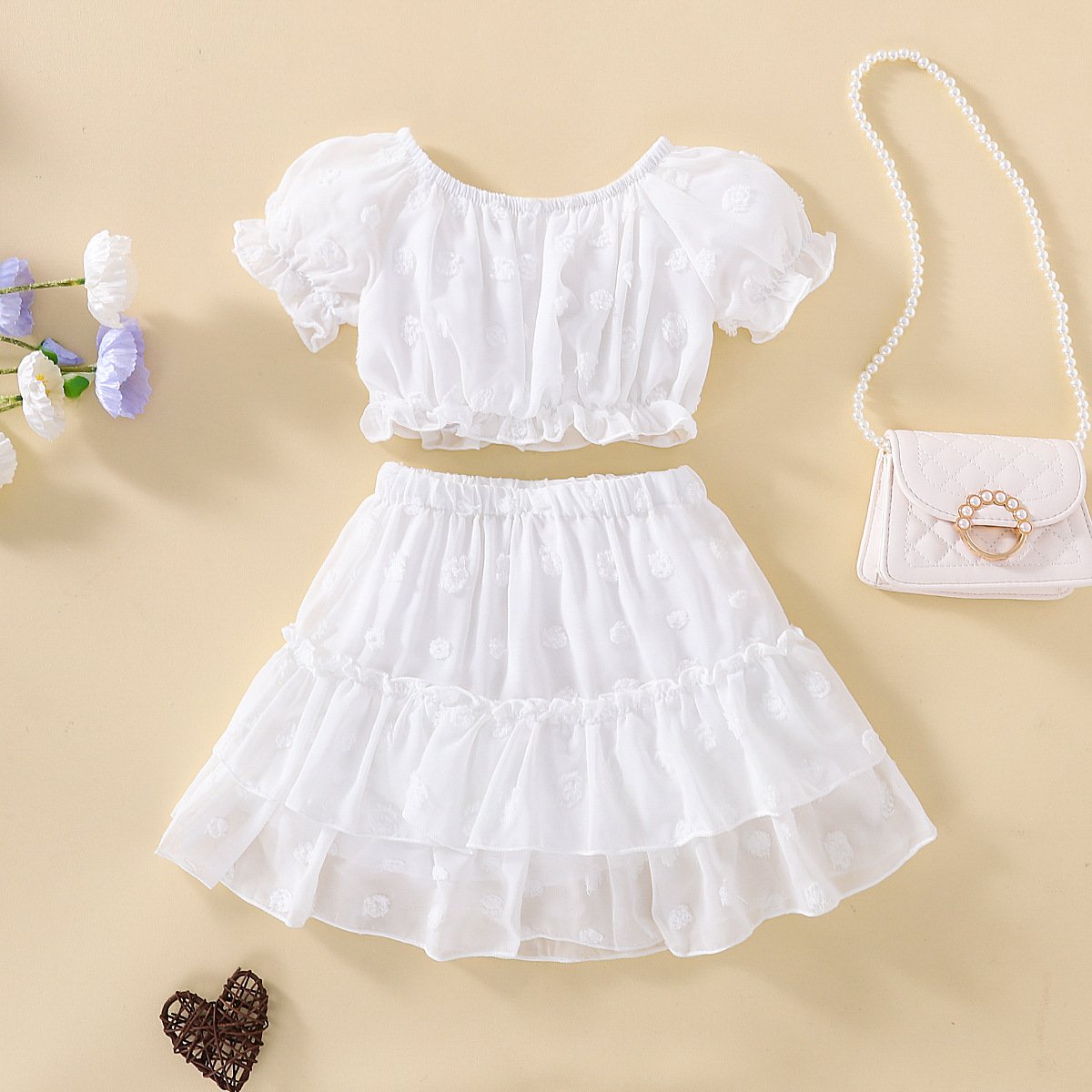 White jacquard off shoulder girl's suit skirt