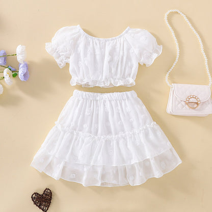 White jacquard off shoulder girl's suit skirt