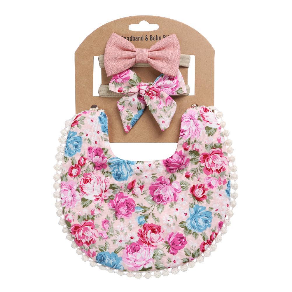 Linen Cotton Printed Baby Towel Bib Headband Set