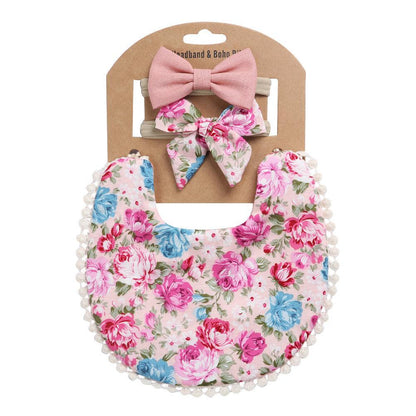 Linen Cotton Printed Baby Towel Bib Headband Set