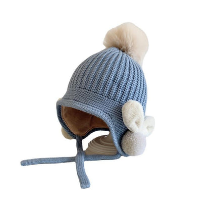 Solid Color Fuzz Ball Baby's Elastic Ear Protection Knit Hat