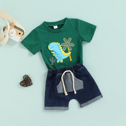 Cartoon T-shirt denim shorts two piece set