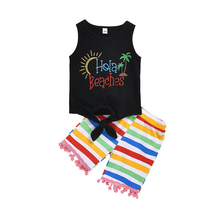 Sleeveless vest letter print top Rainbow Stripe fashion tassel shorts