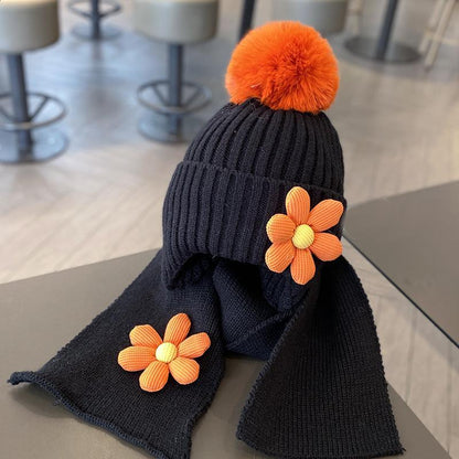 Children's Warm Thickened Knitted Flower Hat Scarf Suit