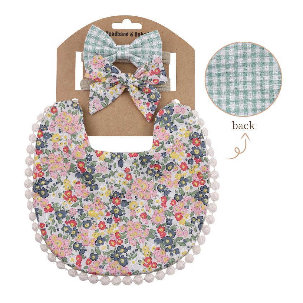 Plaid Printed Baby Triangle Towel Bib Headband Set