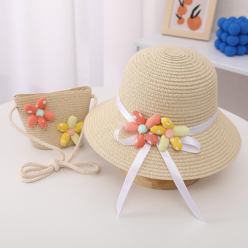 Trendy Flower Streamer Children's Straw Hat Bag Set