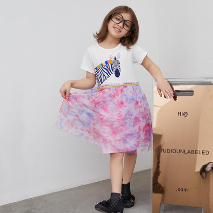Short sleeve girl's dress mesh princess dress