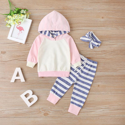 Long Sleeve Sweat Suit Striped Hooded Jacket Pants Two-Piece Set