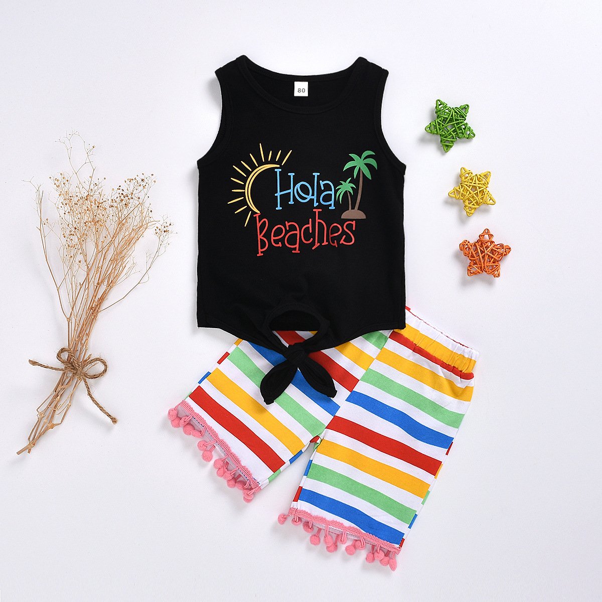 Sleeveless vest letter print top Rainbow Stripe fashion tassel shorts