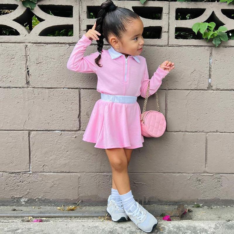 Girls' Casual Solid Color Long Sleeve Skirt Suit