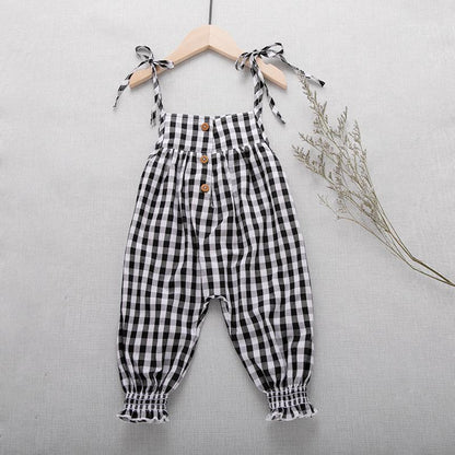 White T-shirt + Plaid suspender pants two-piece children's set