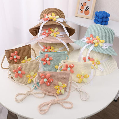 Trendy Flower Streamer Children's Straw Hat Bag Set