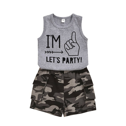 Sleeveless vest top letter print camouflage shorts two piece set