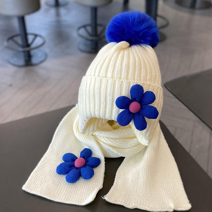 Children's Warm Thickened Knitted Flower Hat Scarf Suit