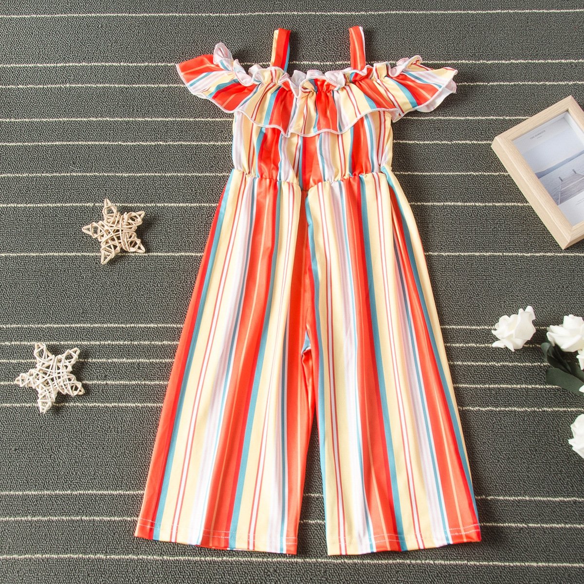 Suspender lace girls' color striped printed wide leg pants BODYSUIT