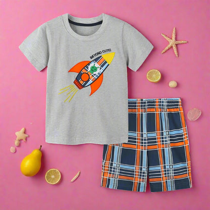 Knitted cotton children's round neck shorts two-piece set