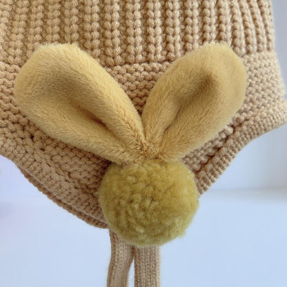 Solid Color Fuzz Ball Baby's Elastic Ear Protection Knit Hat