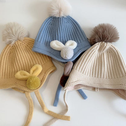 Solid Color Fuzz Ball Baby's Elastic Ear Protection Knit Hat