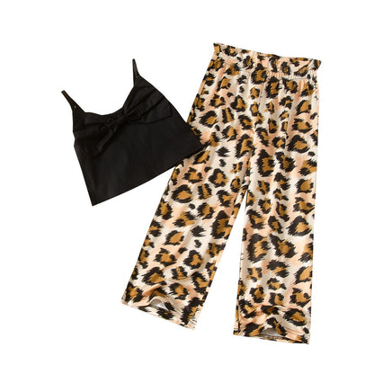 Suspender jacket leopard horn pants two piece set