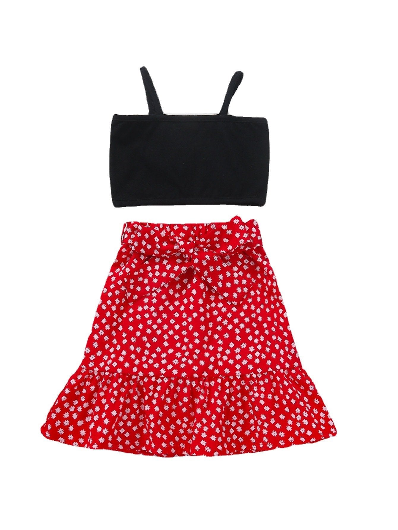 Suspender Jacket Red Floral Lace Skirt A-line skirt two-piece girls' skirt