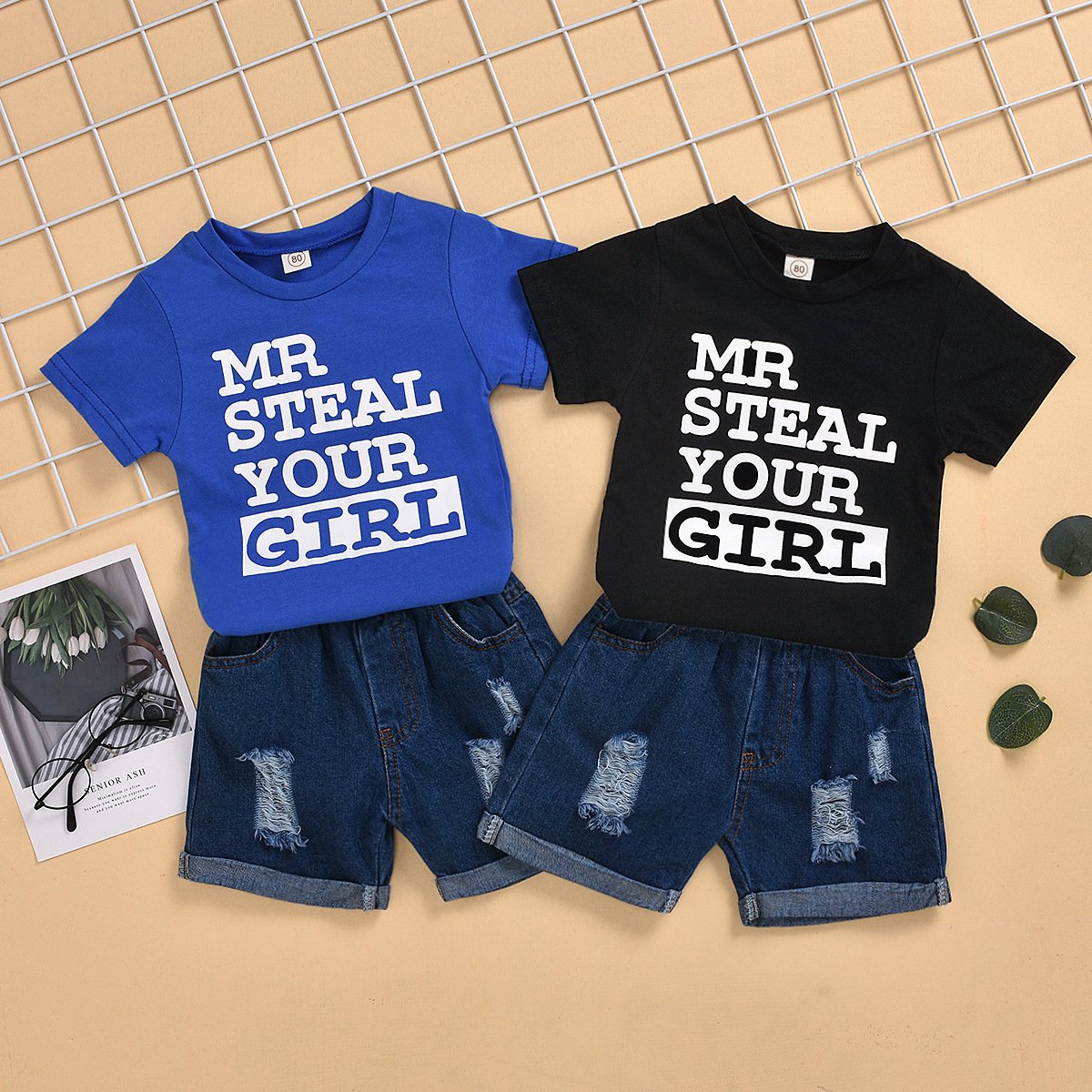 Boys' short sleeved denim hole shorts two-piece set