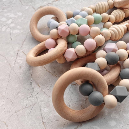 Hand-made Silicone Beech Wood Baby Teether Toy with Bell