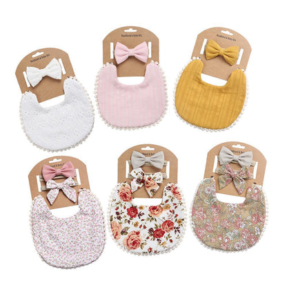 Linen Cotton Printed Baby Towel Bib Headband Set