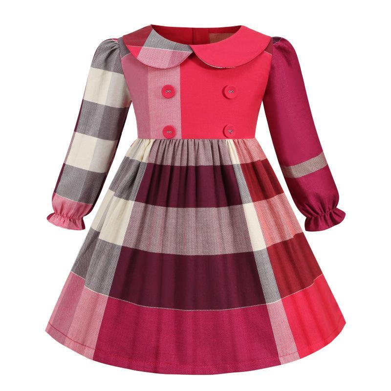 Children's Lapel Double-breasted Long Sleeve Plaid Dress