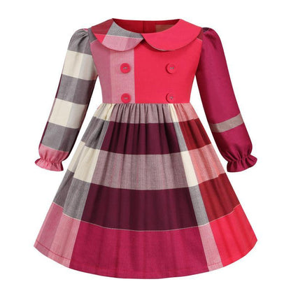Children's Lapel Double-breasted Long Sleeve Plaid Dress