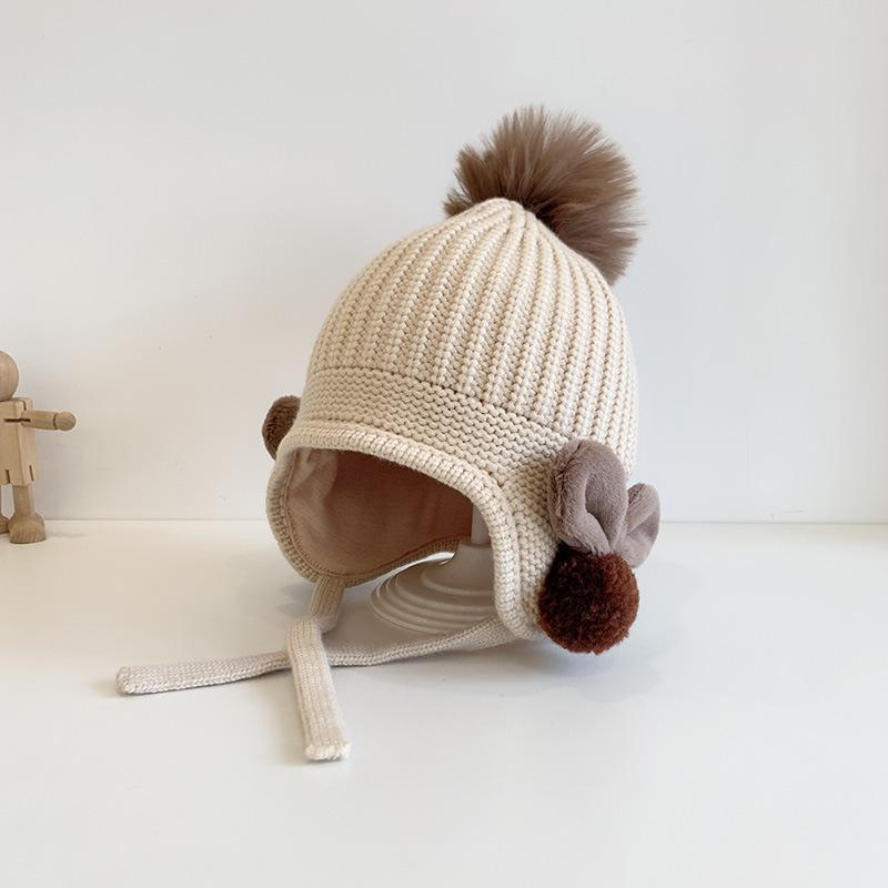 Solid Color Fuzz Ball Baby's Elastic Ear Protection Knit Hat