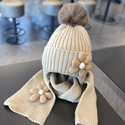 Children's Warm Thickened Knitted Flower Hat Scarf Suit