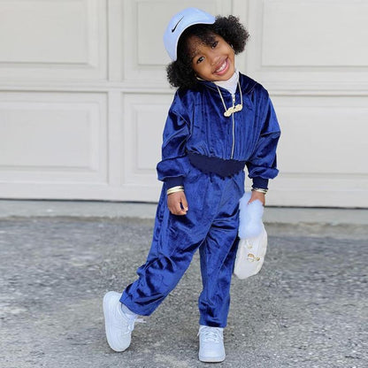 Girl's Gold Velvet Long Sleeve Jacket Jacket Two-Piece Set
