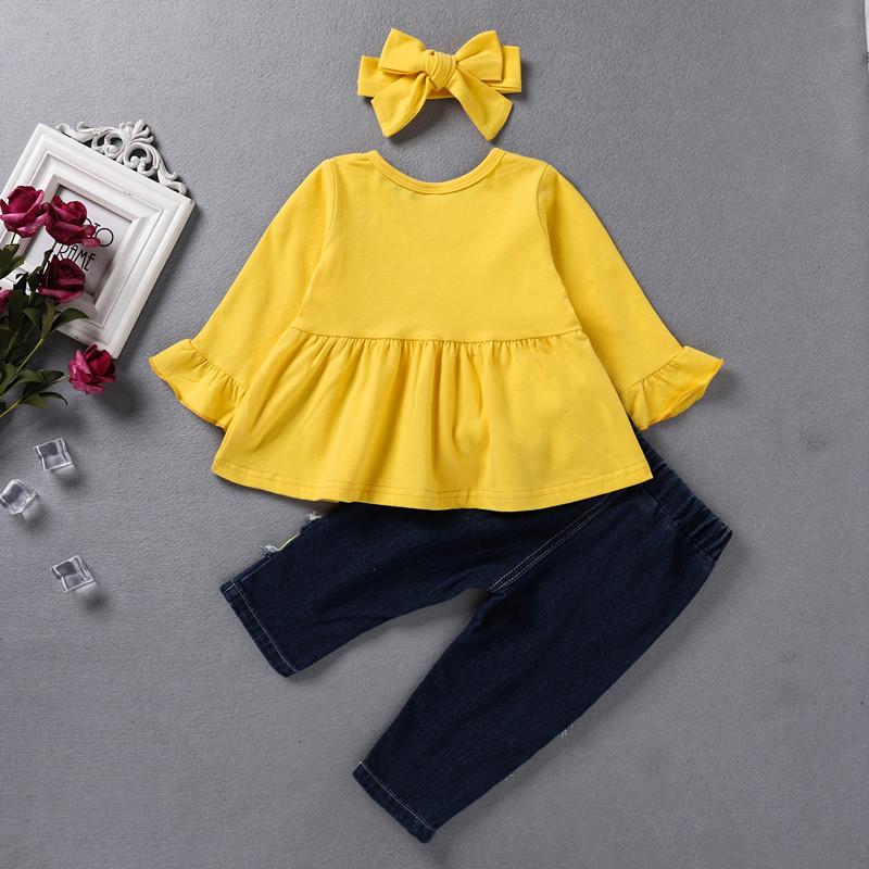 Solid color long sleeved shirt sun printed denim perforated pants hair band three piece set